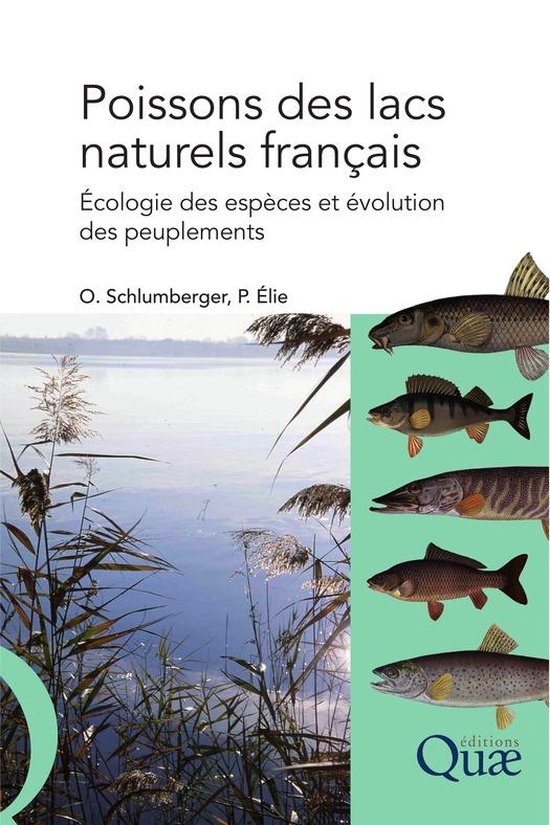 Couverture de livre 'Poissons des lacs naturels français' avec des illustrations de cinq poissons et un paysage.