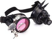 KIMU Goggles Steampunk Bril Met Spikes, Vergrootglas En Led Lampje - Zwart Montuur - Roze Glas - Spacebril Space Festival