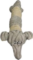 Een knuffeltje in een lange vorm met olifant kopje met piepje