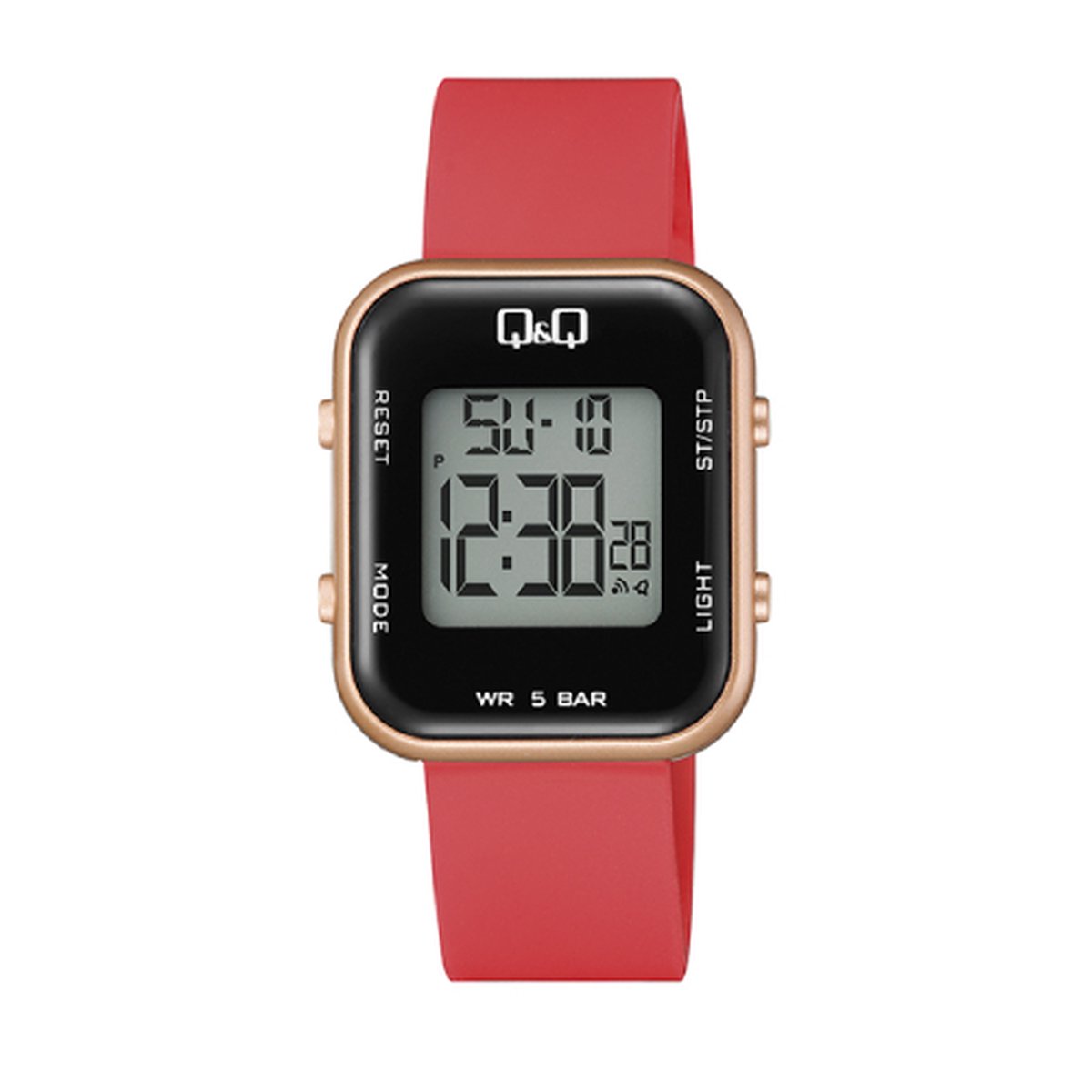QQ M207J006Y - Horloge - Digitaal - Unisex - Siliconen band - Rechthoek - Kunststof - Datumaaanduiding - AM-PM - LED - Alarm - Tweede tijdzone - StopWatch - Backlight - Waterducht 5ATM - Rood - Rosékleurig - Zwart