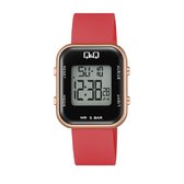 Q&Q M207J006Y - Horloge - Digitaal - Unisex - Siliconen band - Rechthoek - Kunststof - Datumaaanduiding - AM/PM - LED - Alarm - Tweede tijdzone - StopWatch - Backlight - Waterducht 5ATM - Rood - Rosékleurig - Zwart