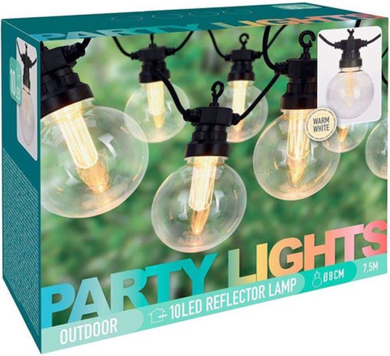 Party Lights - Feestverlichting met 10 reflector lampjes - 100 LED - warm wit - 7,5 Meter