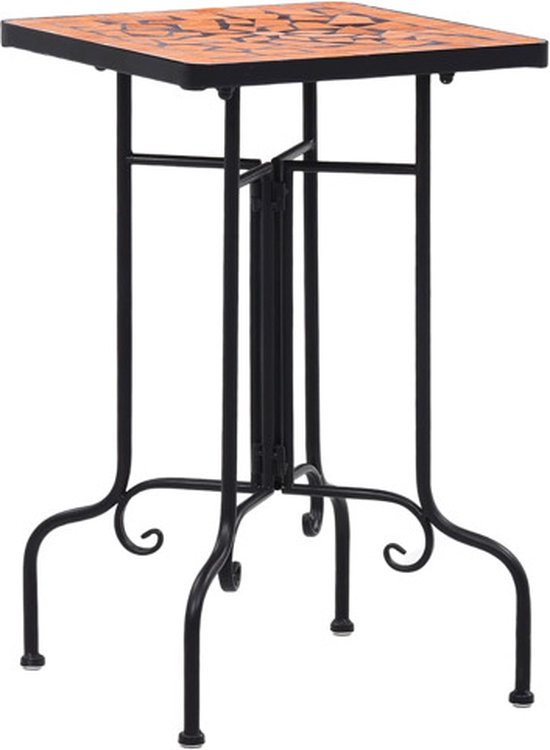 Une table haute carrée en mosaïque avec un piètement en métal noir et des pieds courbés.
