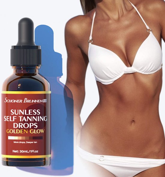 Een vrouw in een witte bikini met een gebruinde huid. Naast haar staat een flesje "Sunless Self Tanning Drops Golden Glow".
