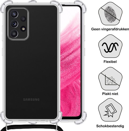 Coque de téléphone transparente avec découpes pour appareil photo, icônes 'Pas d'empreintes digitales', 'Flexible', 'Ne colle pas' et 'Résistant aux chocs'.