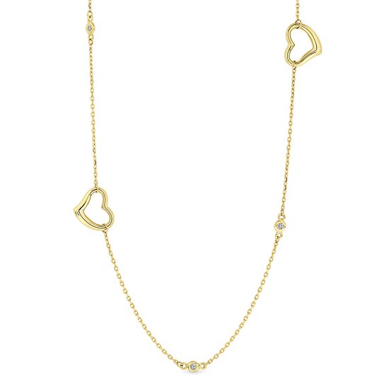 Juwelier Emo - 14 Karaat Gouden Ketting met Hart & Zirkonia stenen – Jasseron schakel – Lengte 45 CM