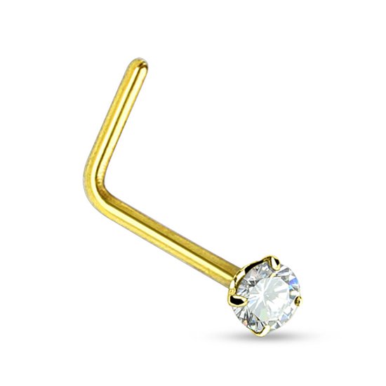 Gouden L-bend neuspiercing met een rond wit steentje.