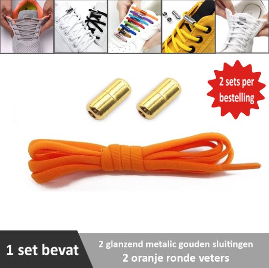 2 paar oranje ronde elastische veters met glanzend metalic gouden sluitingen. Je hoeft voortaan nooit meer je veters te strikken