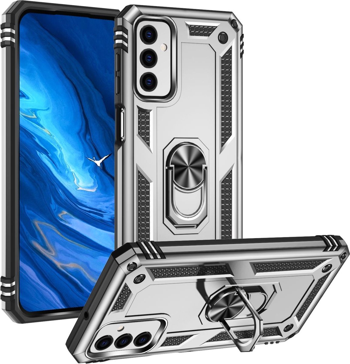 Mobigear Hoesje geschikt voor Samsung Galaxy M23 Telefoonhoesje Hardcase | Mobigear Armor Ring Backcover Shockproof met Ringhouder | Schokbestendig Galaxy M23 Telefoonhoesje | Anti Shock Proof - Zilver