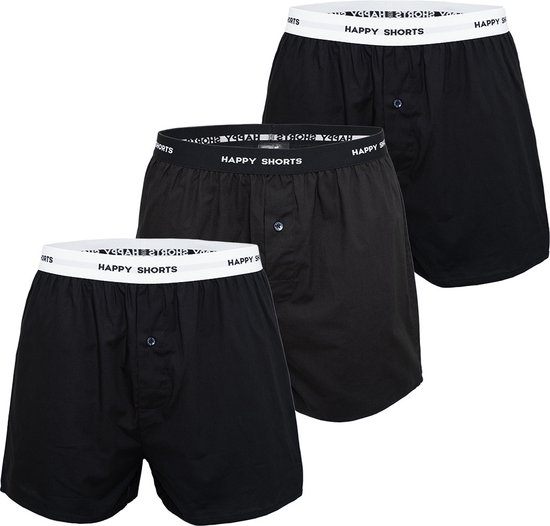 Happy Shorts 3-Pack Wijde Boxershort Effen Zwart - Losse boxershort - Maat S