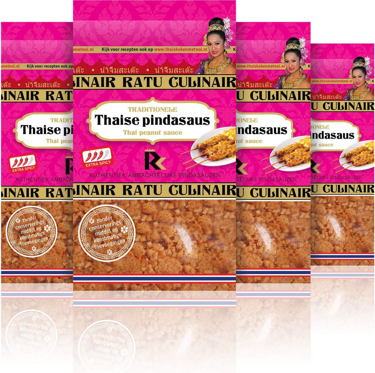 Ratu Culinair | 4 x 400gr Thaise pindasaus | Pittig | Ambachtelijk bereid | kant en klaar pindasaus | thai peanut sauce