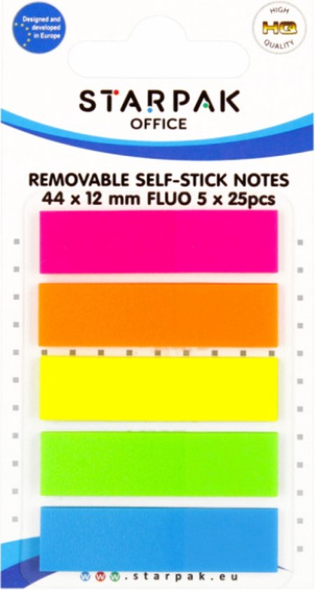 Emballage de 5 x 25 notes autocollantes fluo de 44 x 12 mm, couleurs rose, orange, jaune, vert et bleu.