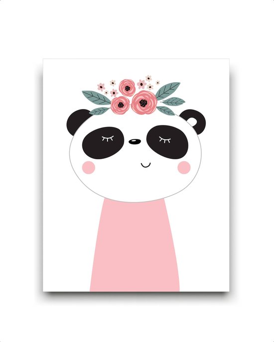 Schilderij  lieve panda met bloemetjes - roze / Dieren / Babykamer - kinderkamer / 50x40cm