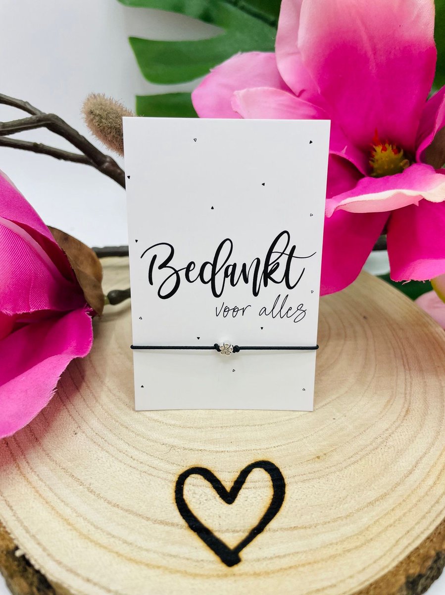 Voilà - Cadeaukaartje Bedankt met bloem armbandje zilverkleurig - Juf Vriendin Moeder Collega cadeau kleinigheidje