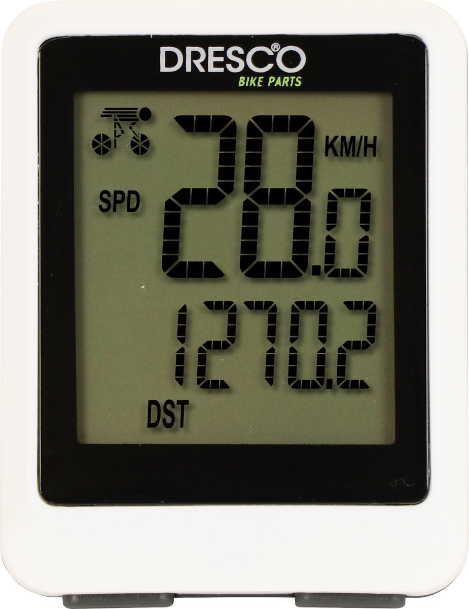Dresco Draadloze Fietscomputer - 12 functies – Grote display – Scanfunctie – Spatwaterdicht – Incl. (CR2032) batterijen – Klok (12 of 24 uur) - Automatische start/stop – Achtergrondverlichting – Incl. bevestigingsmaterialen - Wit