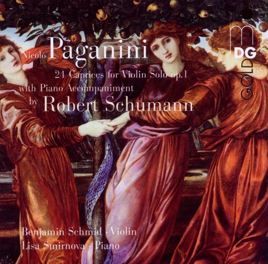 Drie vrouwen in lange gewaden die hand in hand dansen onder een boom met fruit, met de tekst 'Niccolò Paganini 24 Caprices for Violin Solo op. 1 with Piano Accompaniment by Robert Schumann'.