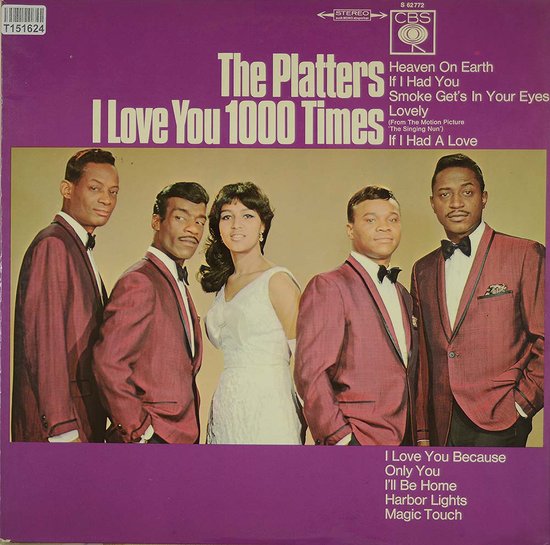 LP-hoes van The Platters, I Love You 1000 Times, met vier mannen in bordeauxrode jasjes en een vrouw in witte jurk.