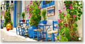 Traditioneel Griekenland - taverna's op straat - Tuinposter 200x100 - Wanddecoratie - Bloemen
