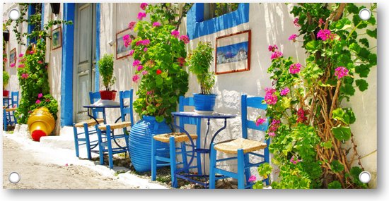 Traditioneel Griekenland - taverna's op straat - Tuinposter 200x100 - Wanddecoratie - Bloemen