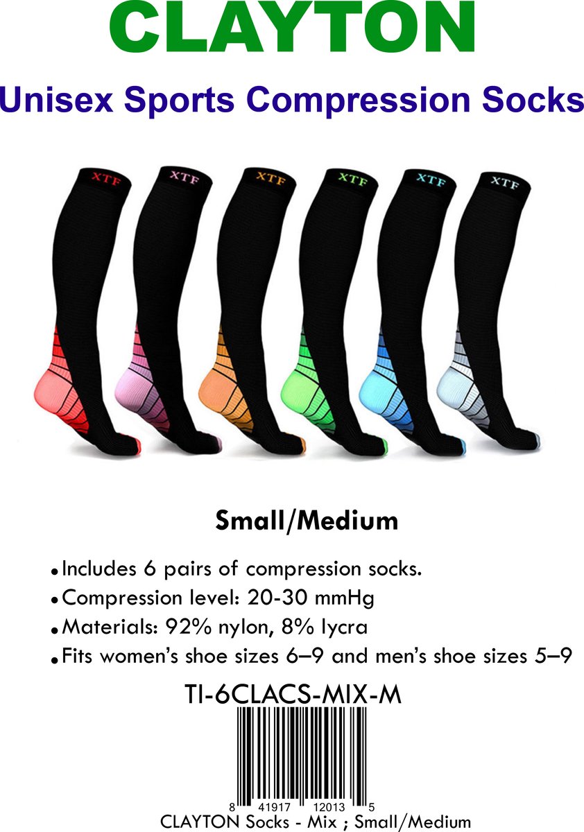 Clayton Therapeutische Compressie sokken Compressiekousen Sportsokken Wandelsokken met compressie Set van 6 paar - S/M in hippe kleuren