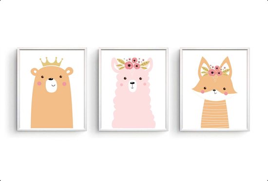Poster Set 3 Lieve beer alpaca vosje met kroontje en bloemetjes / Dieren / Babykamer - Kinderkamer poster / 50x40cm