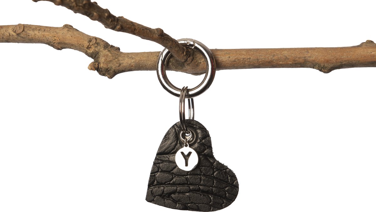Madhura Bags Sleutelhanger Hart Zwart - Buffelleer- Lichte krokodillenprint - Naamletter Y