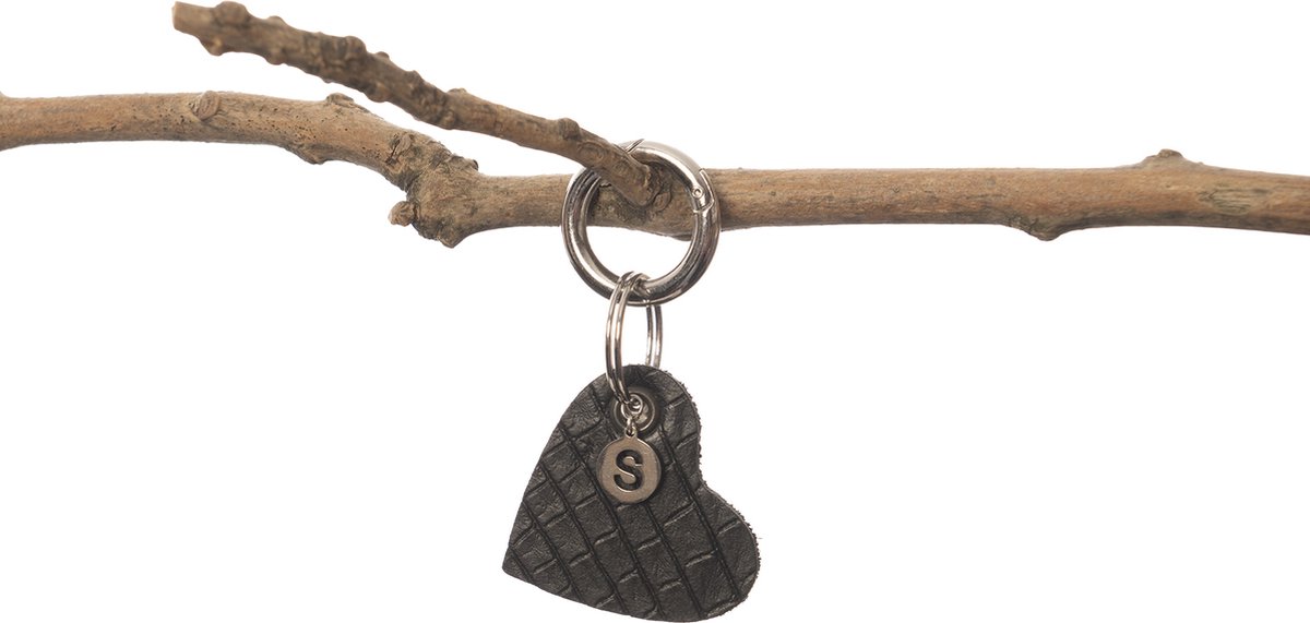 Madhura Bags Sleutelhanger Hart Zwart - Buffelleer- Lichte krokodillenprint - Naamletter S