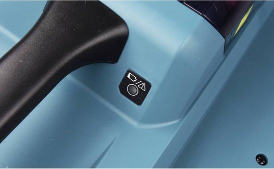 Indicatielampje op een turquoise grasmaaier, met een lege batterij-icoon.