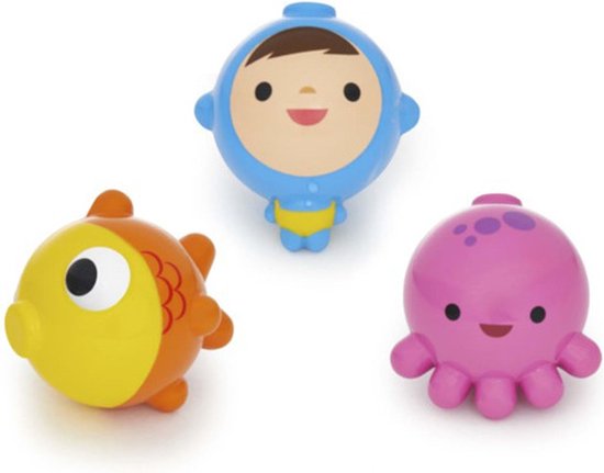 Oranje vis, blauwe duiker en roze octopus op een rij.