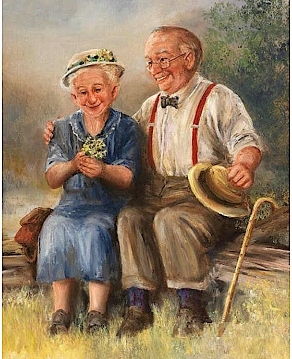 TOPMO- Opa en Oma op bankje - 40 x 50 CM - Diamond painting pakket - HQ Diamond Painting - VOLLEDIG dekkend - Diamant Schilderen - voor Volwassenen – ROND