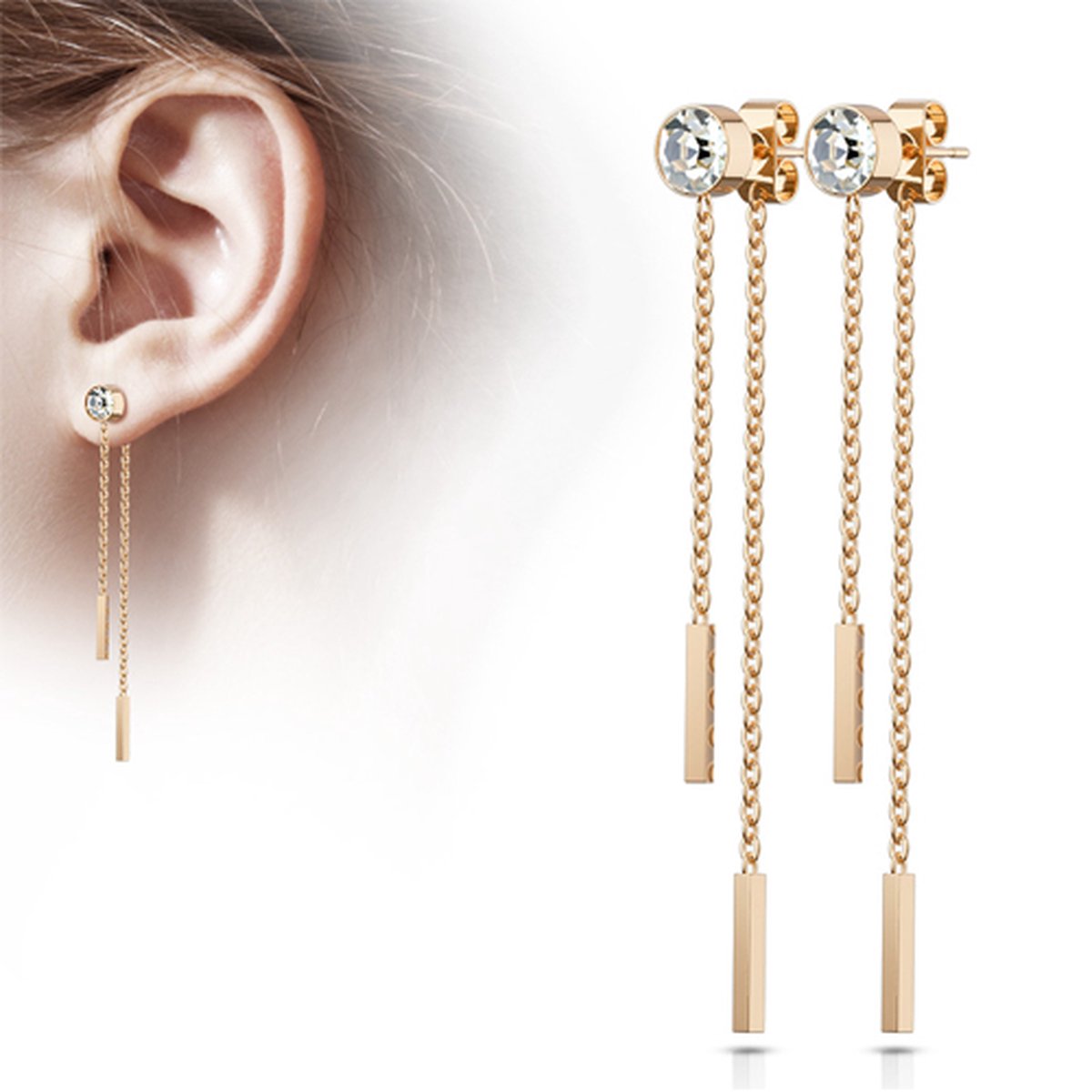 Oorbellen stud met vrij hangende dubbele ketting balkje ©LMPiercings