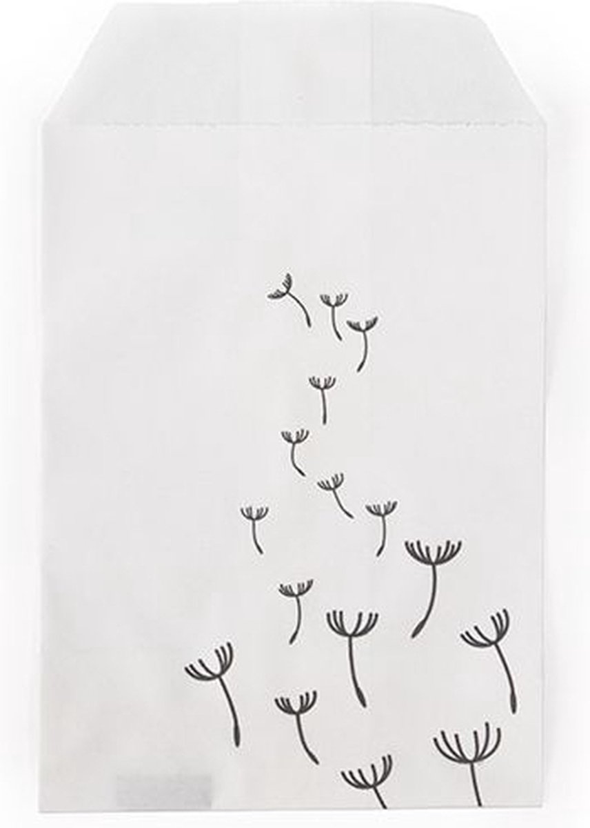 Goedkoopste Paper Zakken Wit Met Zwarte Paardenbloem Bedrukking 76x127mm - 100 st