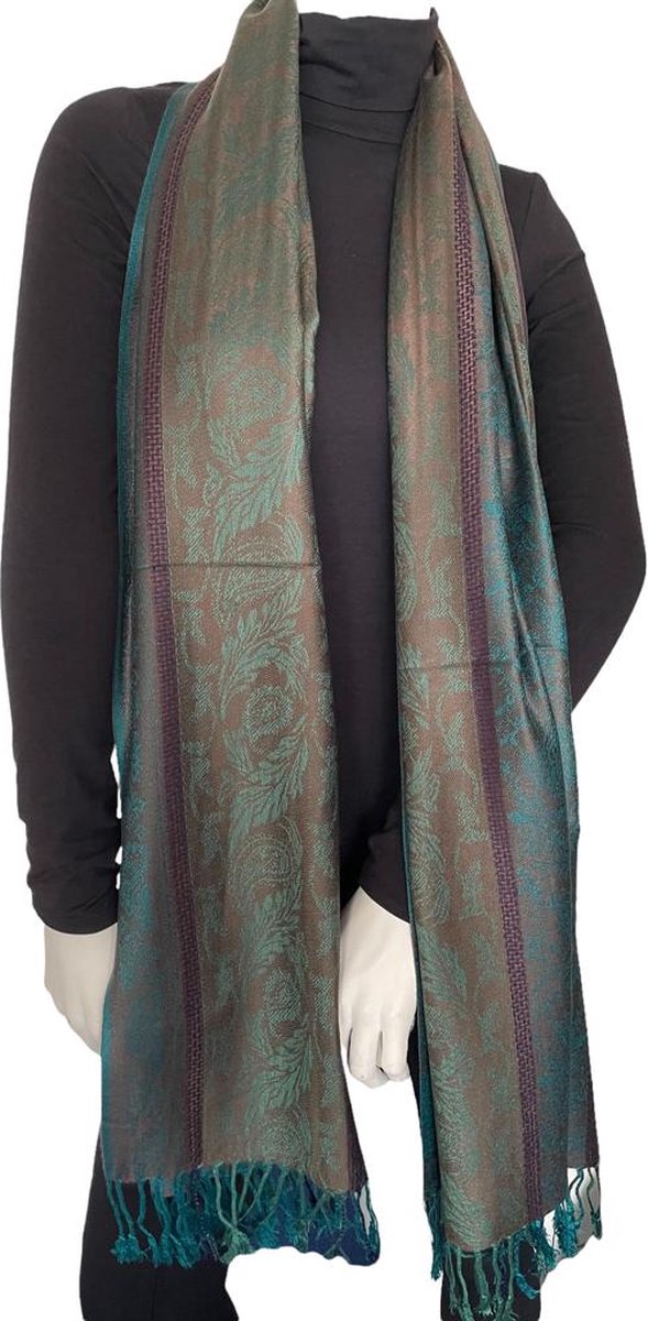 Sjaal dames- Pashmina Sjaal- Fashion Sjawl Pareo Omslagdoek- Fijn geweven Sjaal 207/8- Blauw, Bruin, Paars, Turquoise details