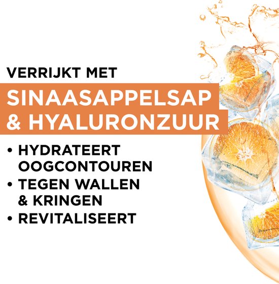 Garnier Hydra Bomb oogmaskers met sinaasappelsap en hyaluronzuur, voor hydratatie en tegen wallen.