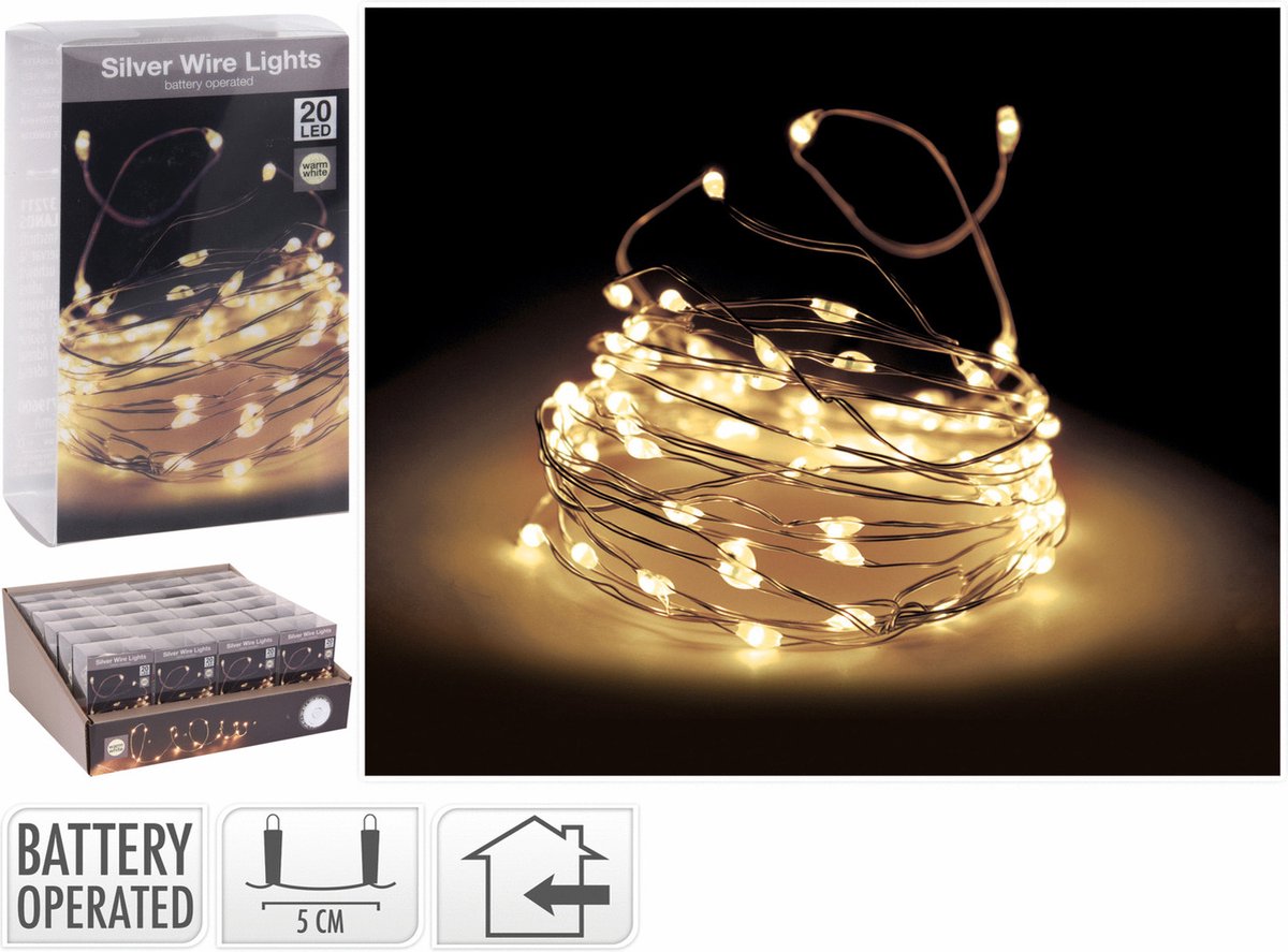 Homestyle | Kerstverlichting 20x Led Lamps Zilverdraad | Warm Wit | led verlichting |Kerst Verlichting Decoratie | Geschikt voor Kersthuisjes, Kerstdorpen |2X AA Batterij