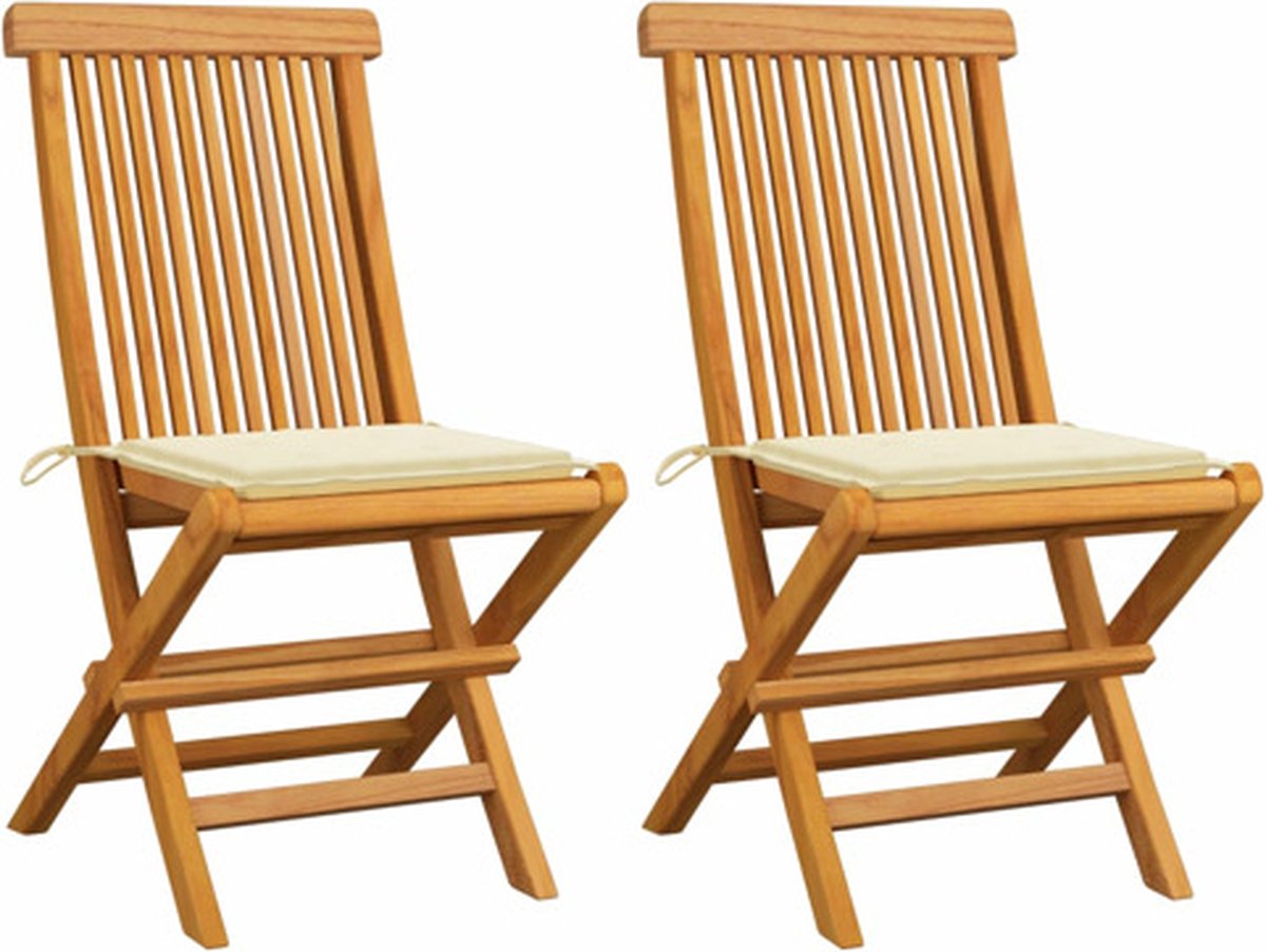 vidaXL - Tuinstoelen - 2 - st - met - crèmekleurige - kussens - massief - teakhout