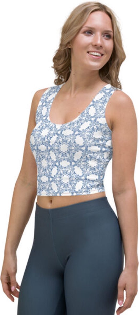 CropTop - design - design Grace in Lace - Dry Fit - High Performance - unieke print - 4way stretch - UPF 50+ - Hardloop - Yoga - Fitness - Dans - Pilates - Training - Sport Top - dames - wit klassiekblauw - maat XL