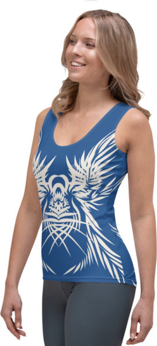 TankTop - design Tiger Power Up 2 - Dry Fit - High Performance -unieke print - 4way stretch - UPF 50+ - Hardloop - Yoga - Fitness - Dans - Pilates - Training - Sport Top - dames - klassiekblauw wit - maat M