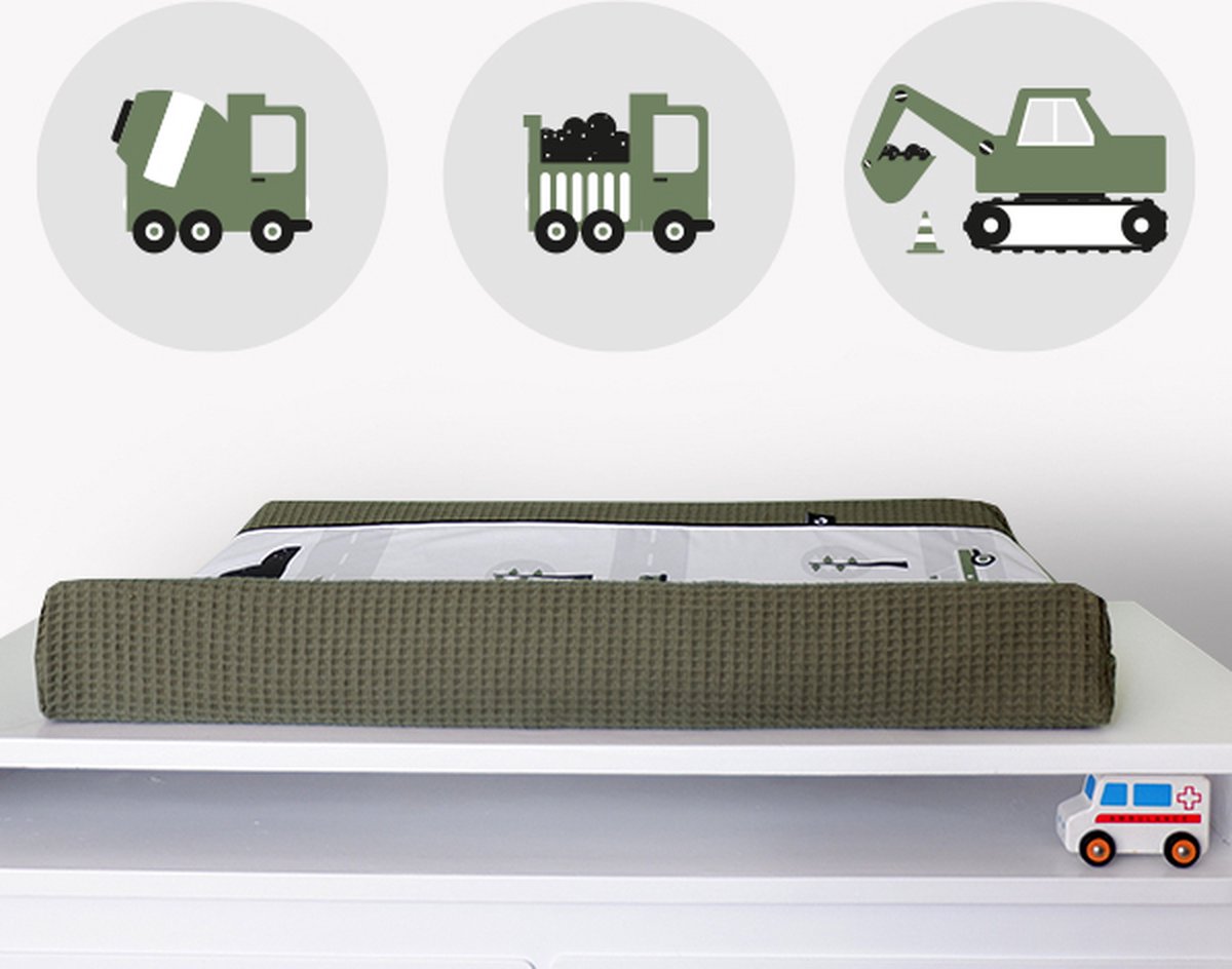 Muurcirkel set Voertuigen olijf groen 3x 30cm - muursticker - voertuigen - graafmachine - vrachtwagen - cementmolen - groen - kinderkamer - jongenskamer - muurdecoratie - kinderkamerstyling – kinderkameraccessoire