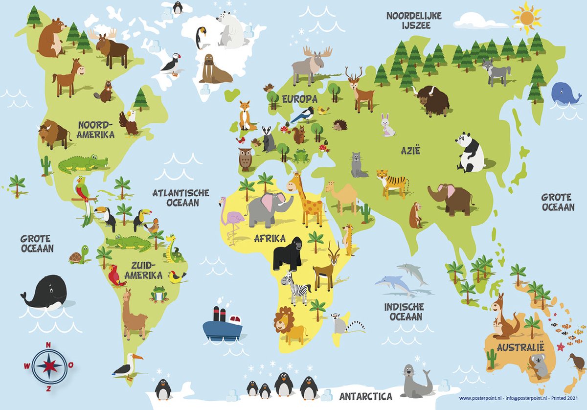 Dieren wereldkaart voor kinderen poster - Nederlandse tekst - formaat XL 70 x 100cm - luxe poster met UV laklaag - duidelijke afbeelding met werelddelen, oceanen en verschillende diersoorten