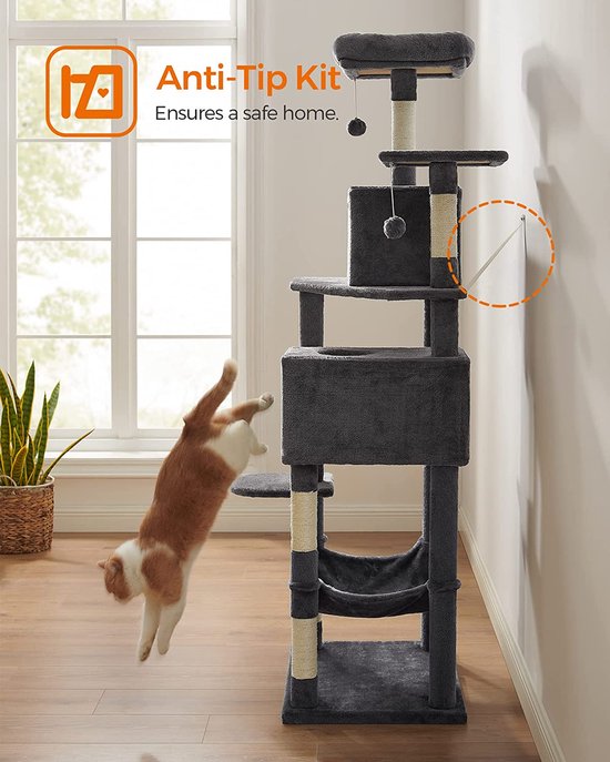 Yaheetech Krabpaal, pootvorm, kattenboom, hoogte 164 cm, 5-traps kattenkrabpaal met kattenholletjes, uitzichtplatform, krabstammen, pluche bal, beige