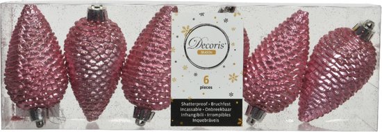 12x morceaux de pommes de pin à paillettes en plastique cintres de Noël rouge à lèvres rose 8 cm
