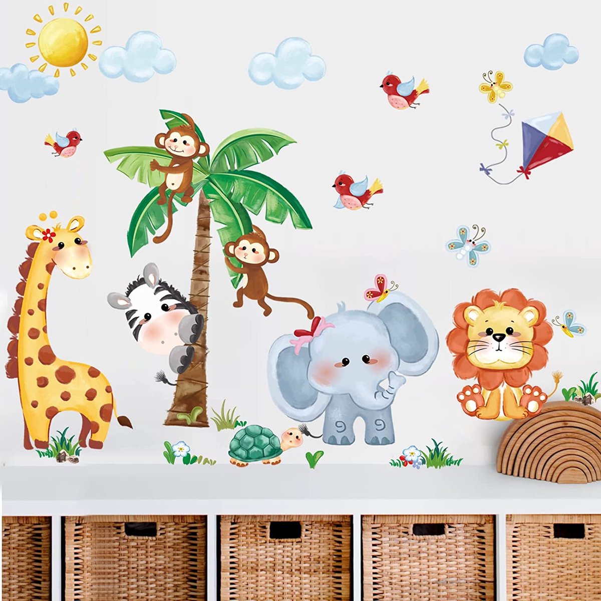 MONTKIARA Muursticker jungle dieren boom muursticker giraf leeuw aap muursticker babykamer kinderkamer woonkamer wanddecoratie