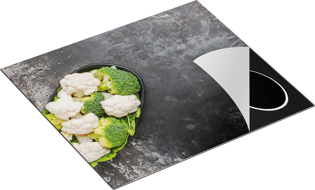 Chefcare Inductie Beschermer Bloemkool met Brocolli op Zwarte Marmer - 60x50 cm - Afdekplaat Inductie - Kookplaat Beschermer - Inductie Mat
