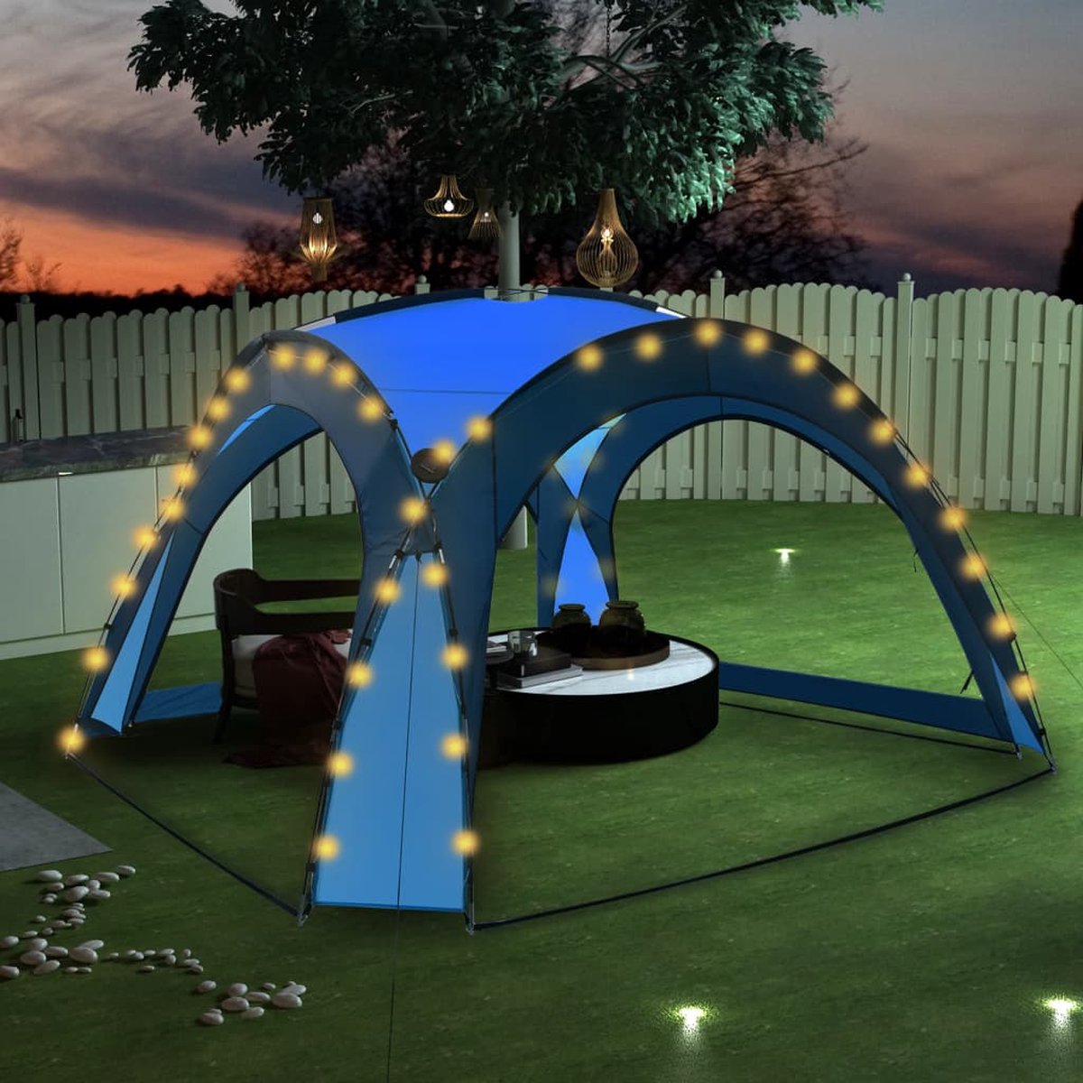 vidaXL Tente de Réception avec LED et 4 Parois Pavillon Jardin Voyage Randonnée Extérieur Résistant aux UV et à leau 3,6x3,6x2,3 m Bleu 
