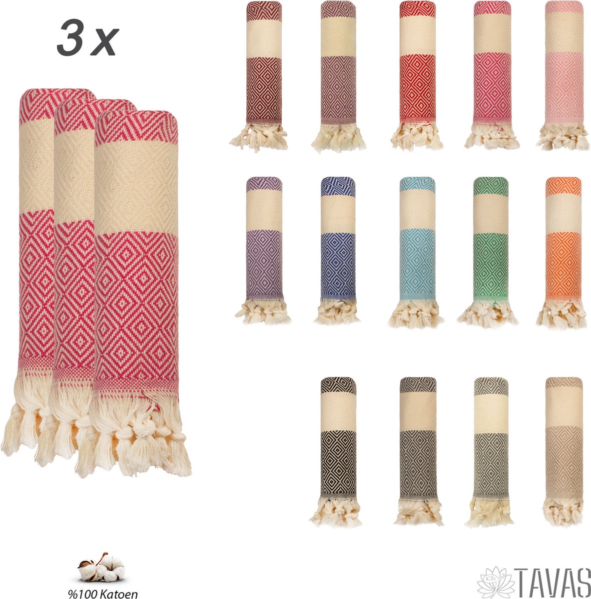 Tavas Set van 3 Mini Hamamdoek - Handdoek 100% Katoen Spa- Saunadoek Strandlaken 50x90 cm Fuchsia