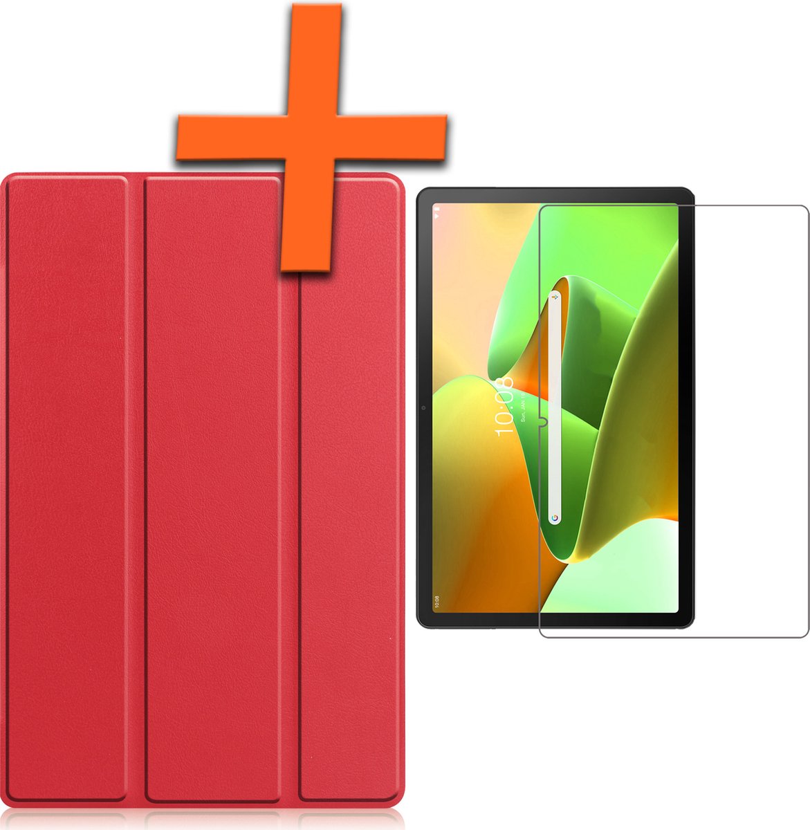 Hoesje - Geschikt voor Lenovo Tab M10 Plus (3e / 3rd Generatie) - Met Screenprotector - Trifold Bookcase - Hard Cover - Hardcover Book Case - Tablet Hoes - Rood