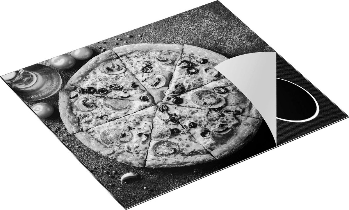 Chefcare Inductie Beschermer Pepperoni Pizza op een Zwarte Marmeren Plaat - Zwart Wit - 58,3x51,3 cm - Afdekplaat Inductie - Kookplaat Beschermer - Inductie Mat