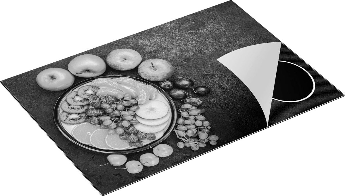 Chefcare Inductie Beschermer Vruchtensalade op Zwarte Marmer - Fruitsalade - Fruit - Zwart Wit - 77x51 cm - Afdekplaat Inductie - Kookplaat Beschermer - Inductie Mat