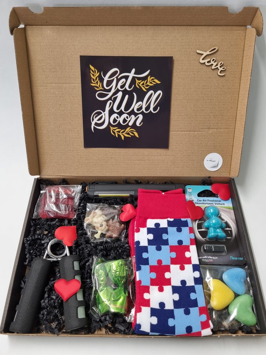 Verrassing Box voor mannen - goed gevuld met allerlei nuttige, lekkere en aangename artikelen - met Mystery Card 'Get well soon' met een persoonlijke videoboodschap van jouzelf | Verjaardag | Vaderdag | Kerst | Sinterklaas